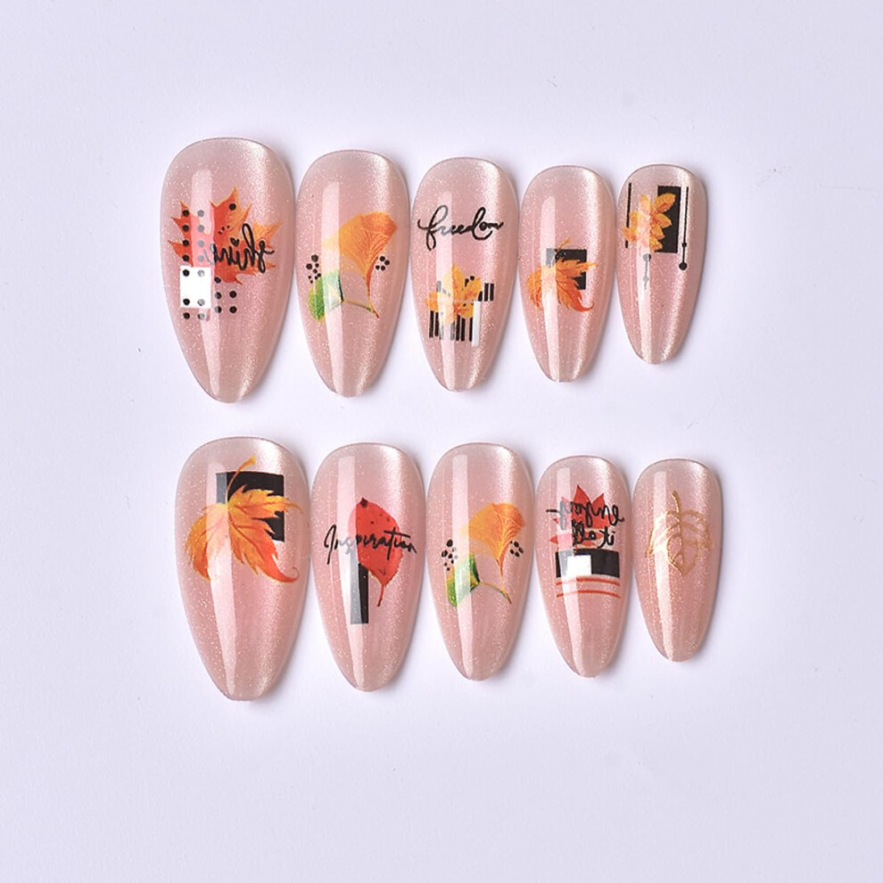 Cream Press On Nails Medium Almond Maple Leaf Design Fake Nails Nude Thanksgiving Autumn Manicure 24Pcs