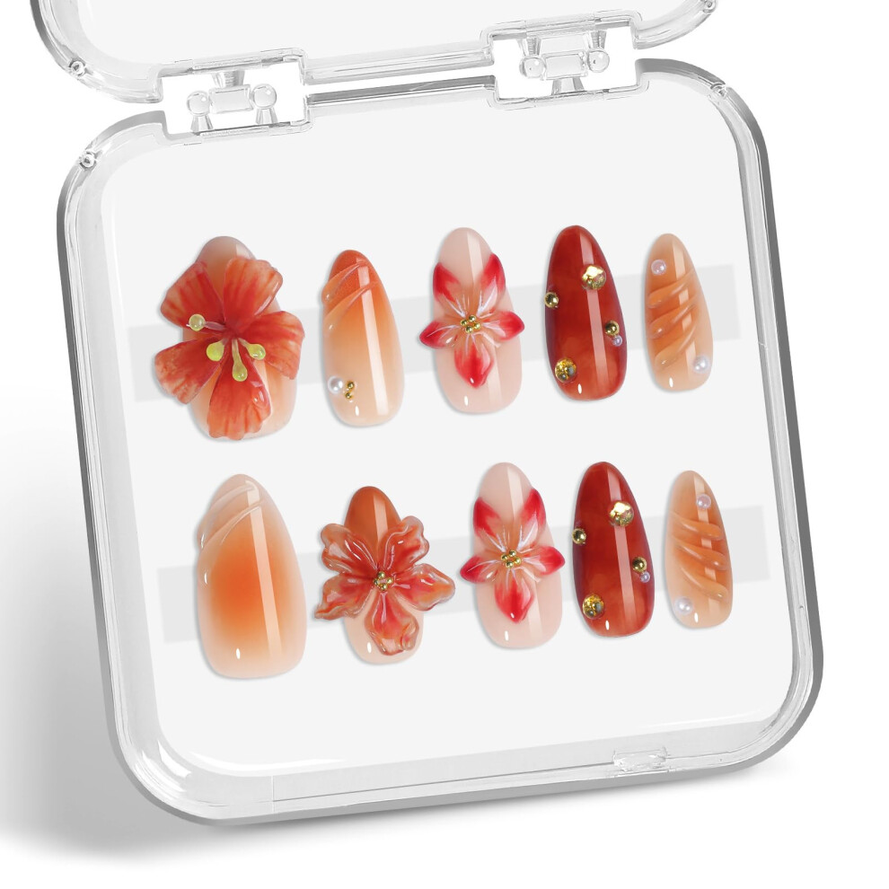 Almond Press on Nails with 3D Flower Design, Reusable Acrylic Fake Nails for Autumn and Thanksgiving