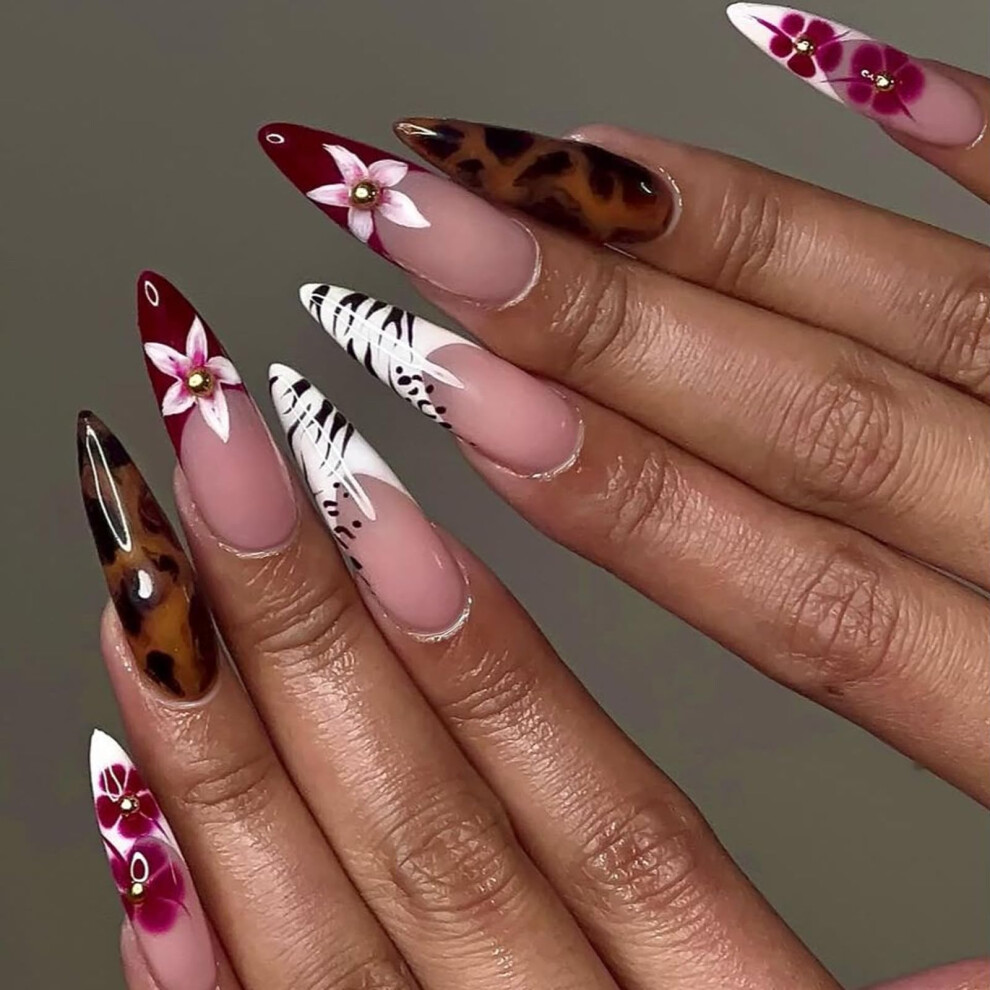 Press on Nails Long Stiletto Fake Nails Red Flower and Leopard Print Glossy Glue On Acrylic Nails