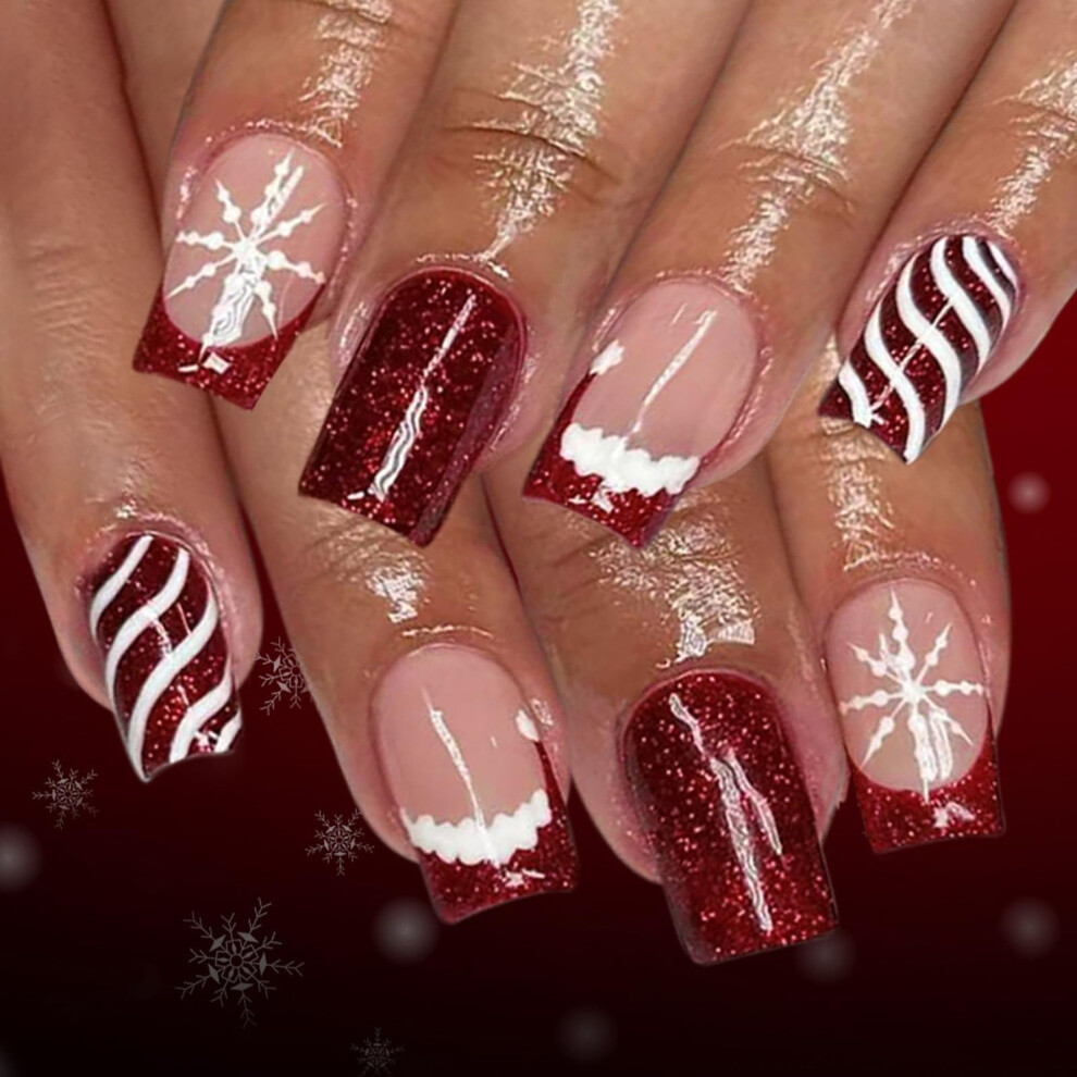 24Pcs Christmas Press On Nails with Glitter French Tips, ChipResistant, Holiday Manicure Set