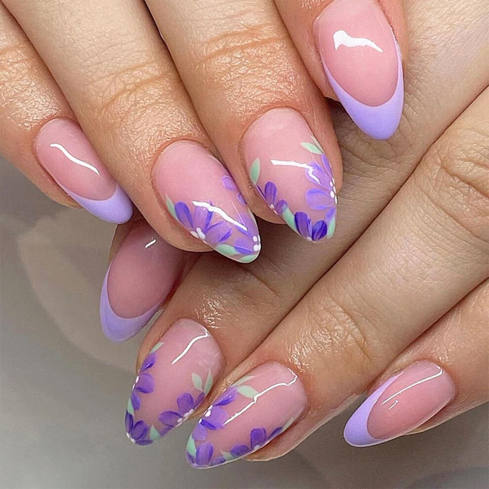 Purple French Floral Press On Nails With Tips, Salonquality Reusable Fake Nails For Daily Wear