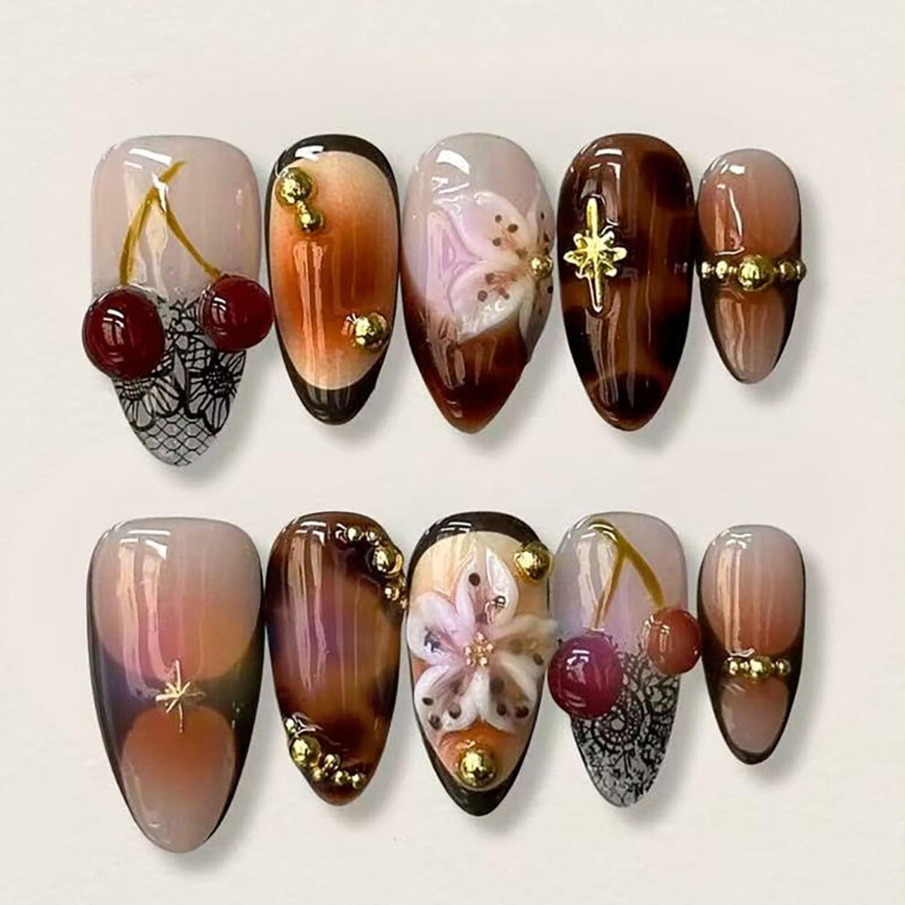 Brown Almond Press On Nails With 3D Cherry Design French Tip Acrylic Fake Nails Reusable Set 24Pcs