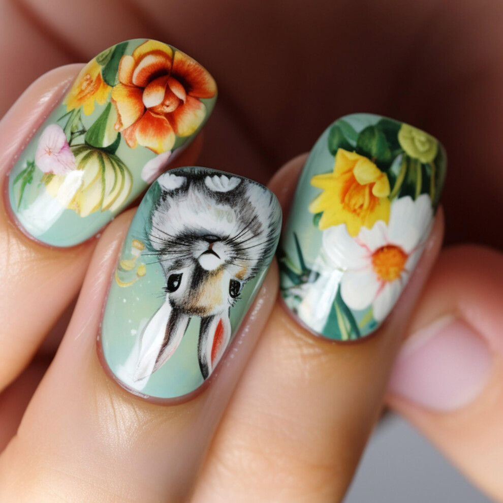 24 Pcs Short Square Press On Nails Green Acrylic False Nails with Easter Rabbit and Floral Design
