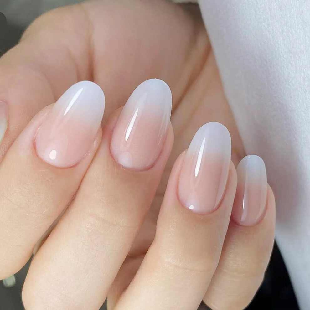 Ombre Press On Nails Almond Shape Glossy French Tip Fake Nails Instant Salon Manicure Set