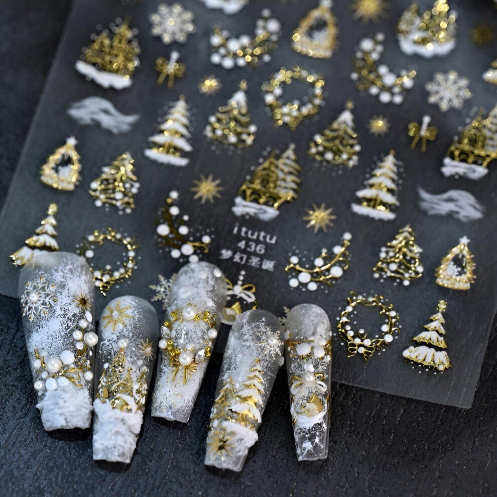 Christmas Nail Stickers 5D Embossed Gold and White Snowflake Xmas Nail Art Decals for Women Girls