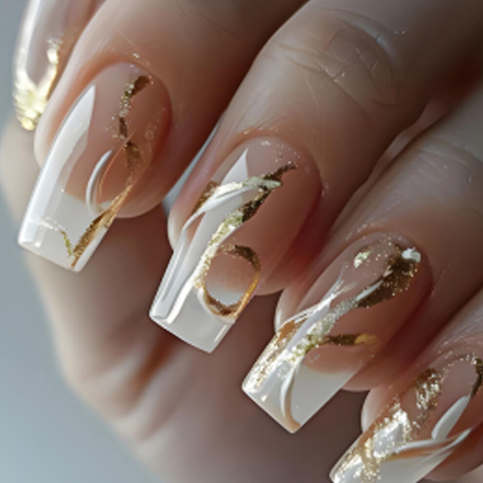 24Pcs Square Press On Nails Set French Tip Fake Nails Glossy Coffin Design LongLasting Wear