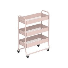 HOMCOM 3-Tier Storage Trolley on Wheels, Rolling Utility Cart with Mesh Buckets for Kitchen, Bathroom, Bedroom, Light Pink