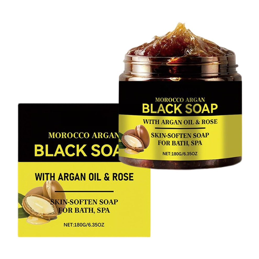 Black Moroccan Soap With Argan Oil And Rose, Deep Cleansing Exfoliating For Soft Smooth Skin 6.35Oz