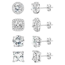 4 par örhängen med kubisk zirkonia, vita briljantörhängen med simulerade diamanter, örhängen i silver för kvinnor, män och flickor