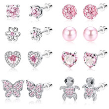 8pairs Girls Women Silver Earrings, Earrings Cubic Zirconia Stud Set, Cute Turtle Butterfly Tiny Heart Earringssilver Studs Sets for Teen Girls Women