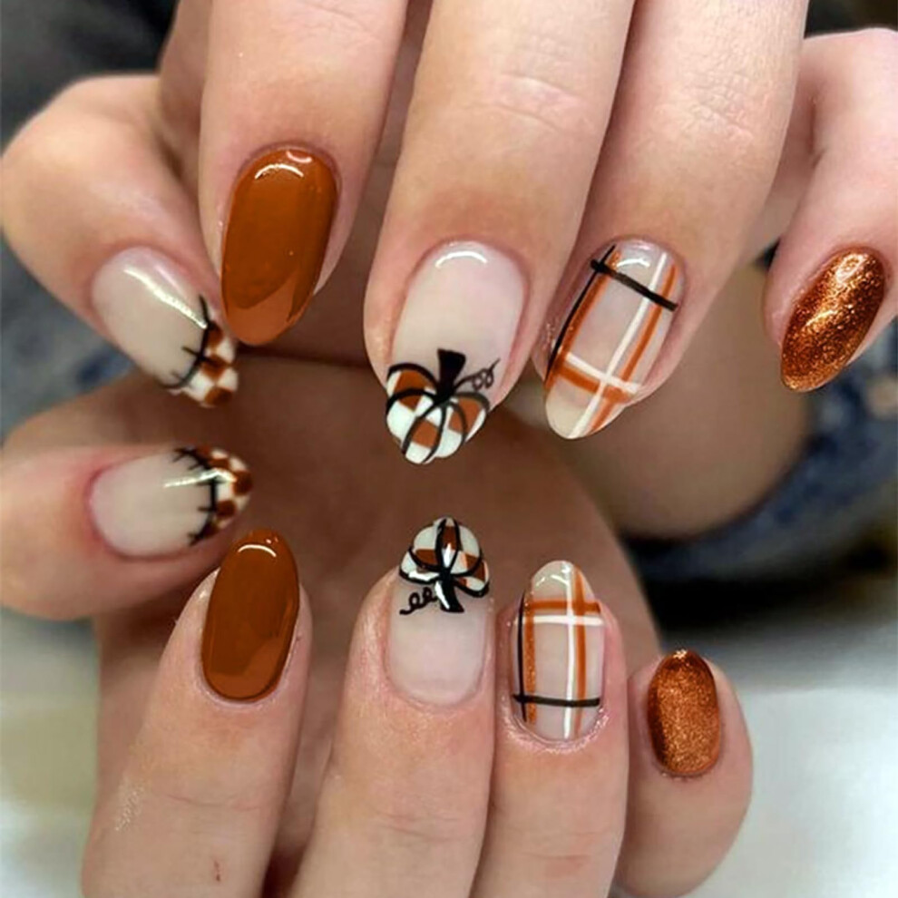 24Pcs Almond Shape Press on Nails Fall Pumpkin Design Thanksgiving Fake Nails for Women