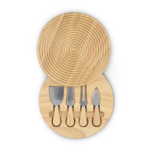 Sur La Table 5pc Cheeseboard Set with 3 Stainless Steel Knives and a Cheese Fork in Concealed Tray, Natural Wood SLT847086