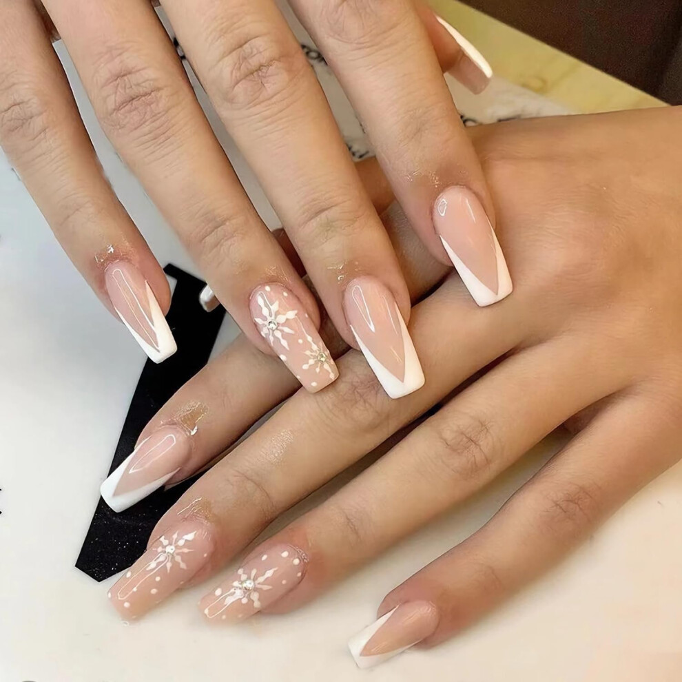 Christmas French Tip Press On Nails with Snowflake Rhinestones, Reusable Acrylic Square Set 24Pcs