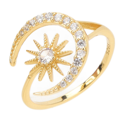 Anel feminino com zircônia cúbica, anel de lua e estrela, joia requintada para presente, anéis de prata esterlina com lua crescente e estrela, 1