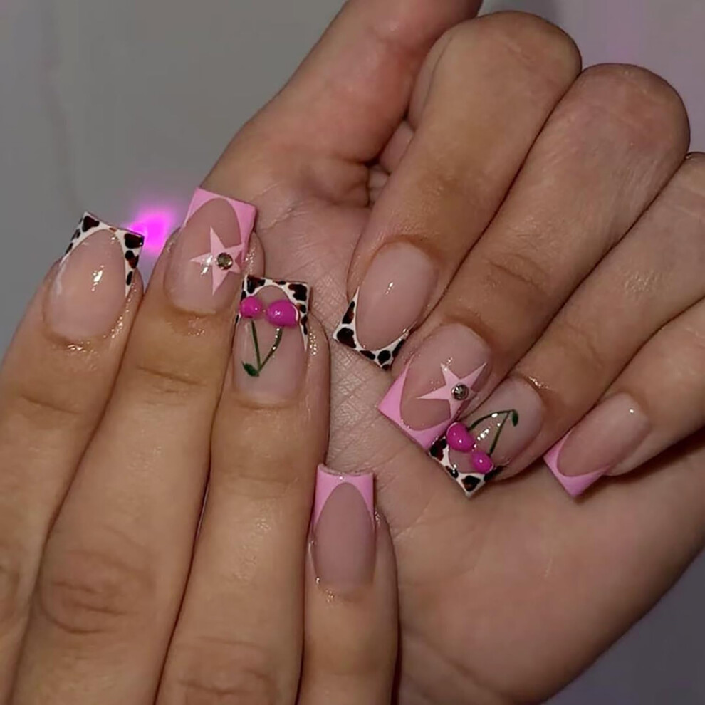 Medium Square Press On Nails with Y2K Rhinestones Glossy Full Cover Acrylic Fake Nails Set 24Pcs
