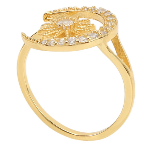 Anel feminino com zircônia cúbica, anel de lua e estrela, joia requintada para presente, anéis de prata esterlina com lua crescente e estrela, 2