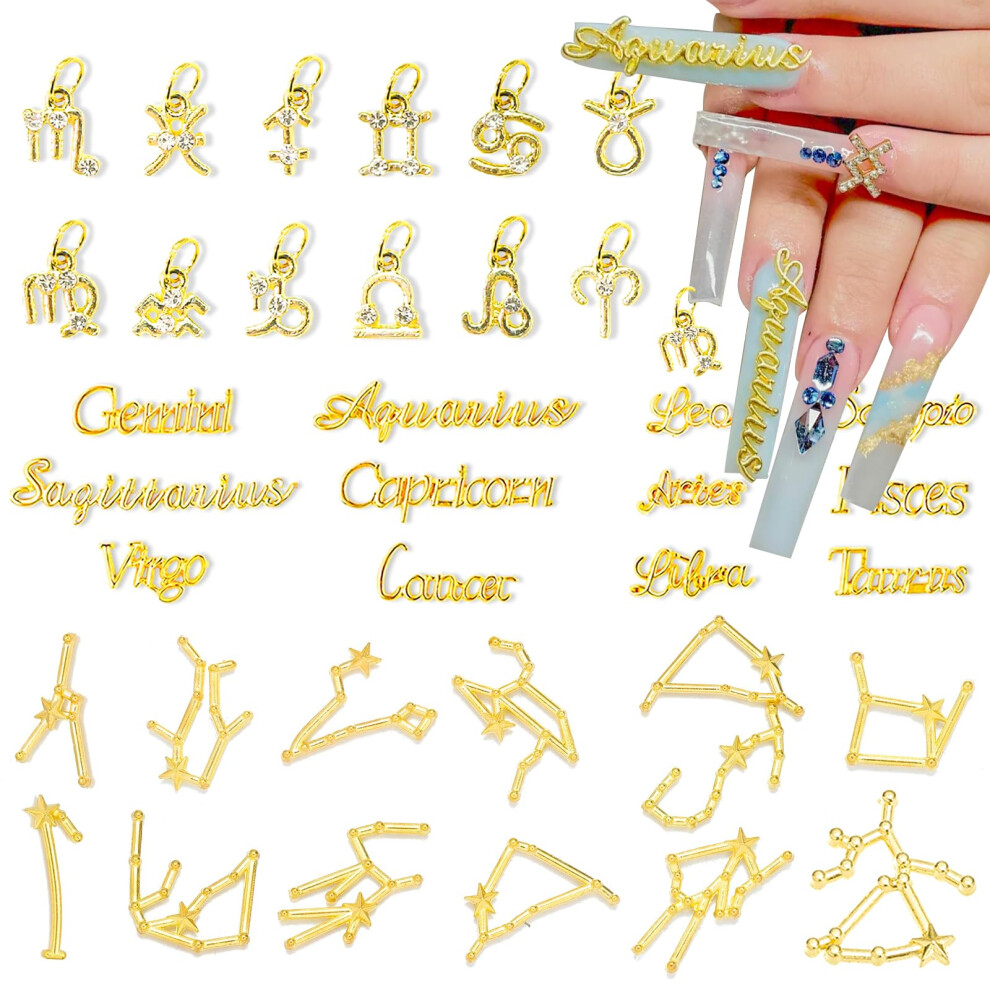 Gold 36Pcs Zodiac Letter Nail Charms Set Astrology Nail Art Accessories For Diy And Salon Use