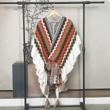 (Orange brown（striped）) Women Ethnic Knit Poncho Blanket Shawl Tassel Rainbow Sweater Cardigan Cloak