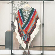 (Green red（striped）) Women Ethnic Knit Poncho Blanket Shawl Tassel Rainbow Sweater Cardigan Cloak
