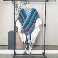 (Blue-1（striped）) Women Ethnic Knit Poncho Blanket Shawl Tassel Rainbow Sweater Cardigan Cloak