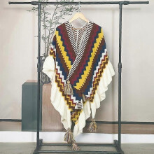 (Yellow（striped）) Women Ethnic Knit Poncho Blanket Shawl Tassel Rainbow Sweater Cardigan Cloak