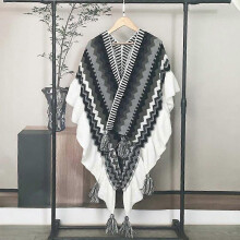 (Black gray（striped）) Women Ethnic Knit Poncho Blanket Shawl Tassel Rainbow Sweater Cardigan Cloak
