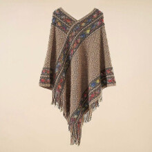 (Dark khaki) Women Ethnic Knit Poncho Blanket Shawl Tassel Rainbow Sweater Cardigan Cloak