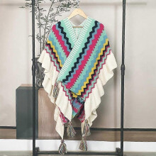 (Light green（striped）) Women Ethnic Knit Poncho Blanket Shawl Tassel Rainbow Sweater Cardigan Cloak