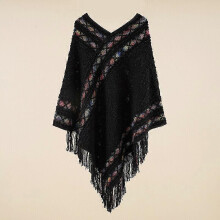 (Black) Women Ethnic Knit Poncho Blanket Shawl Tassel Rainbow Sweater Cardigan Cloak