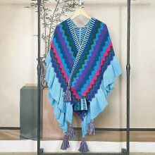(Blue-3（striped）) Women Ethnic Knit Poncho Blanket Shawl Tassel Rainbow Sweater Cardigan Cloak