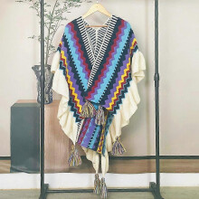(Blue-2（striped）) Women Ethnic Knit Poncho Blanket Shawl Tassel Rainbow Sweater Cardigan Cloak