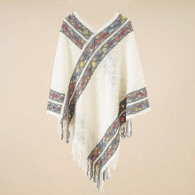 (White) Women Ethnic Knit Poncho Blanket Shawl Tassel Rainbow Sweater Cardigan Cloak