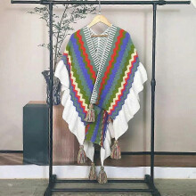 (Green purple（striped）) Women Ethnic Knit Poncho Blanket Shawl Tassel Rainbow Sweater Cardigan Cloak