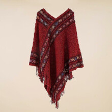 (Red) Women Ethnic Knit Poncho Blanket Shawl Tassel Rainbow Sweater Cardigan Cloak