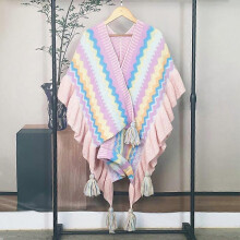 (Pink（striped）) Women Ethnic Knit Poncho Blanket Shawl Tassel Rainbow Sweater Cardigan Cloak