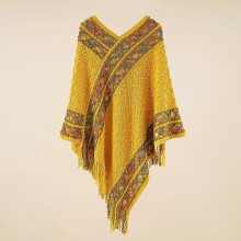(Yellow) Women Ethnic Knit Poncho Blanket Shawl Tassel Rainbow Sweater Cardigan Cloak