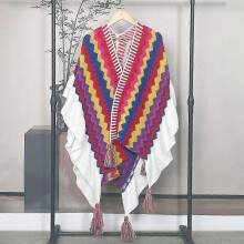 (Red purple（striped）) Women Ethnic Knit Poncho Blanket Shawl Tassel Rainbow Sweater Cardigan Cloak