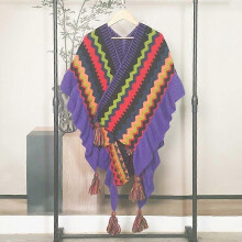(Purple（striped）) Women Ethnic Knit Poncho Blanket Shawl Tassel Rainbow Sweater Cardigan Cloak
