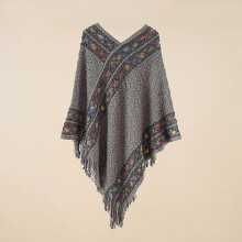 (Gray) Women Ethnic Knit Poncho Blanket Shawl Tassel Rainbow Sweater Cardigan Cloak