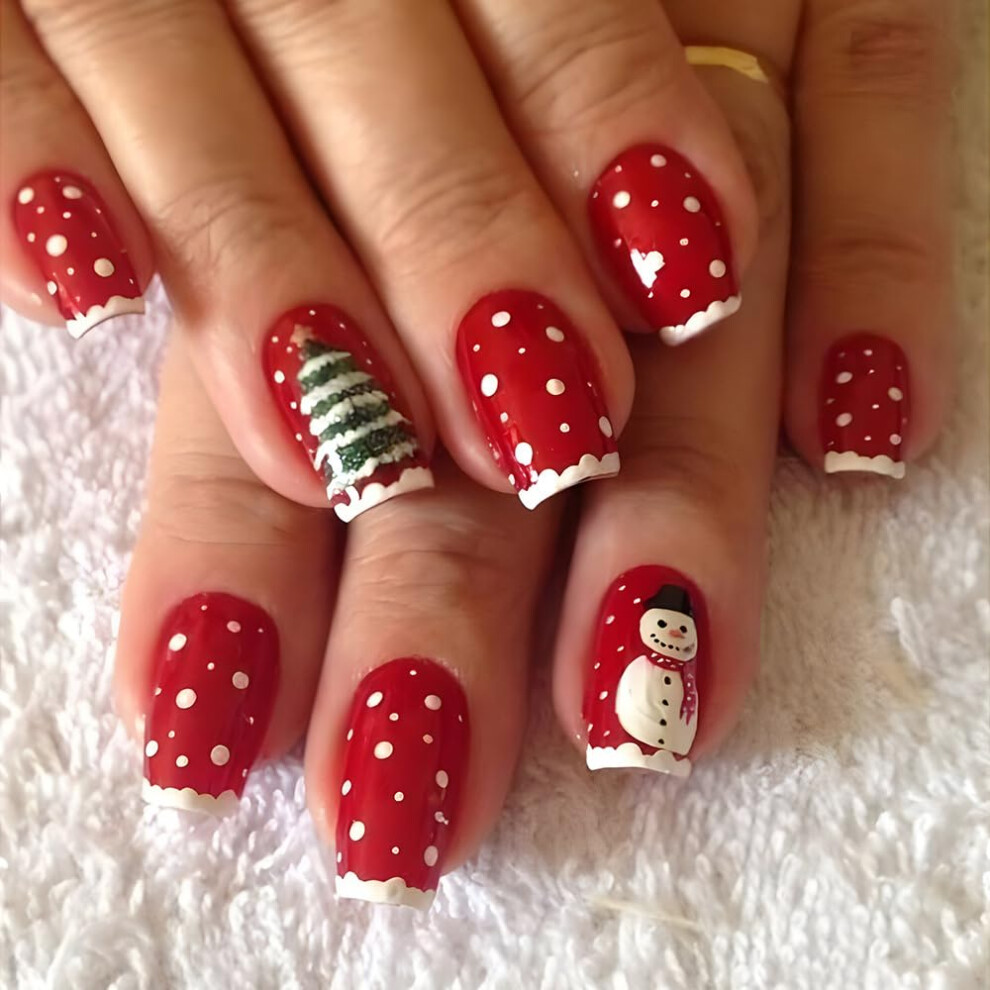 Red Christmas Press On Nails Set Glossy Coffin Fake Nails Snowflake Design 24Pcs Holiday