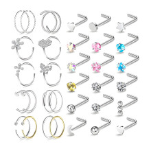 Set di 28 anelli per il naso per uomo e donna, piercing a L in acciaio inossidabile ipoallergenico con pietre CZ per piercing al naso e uso