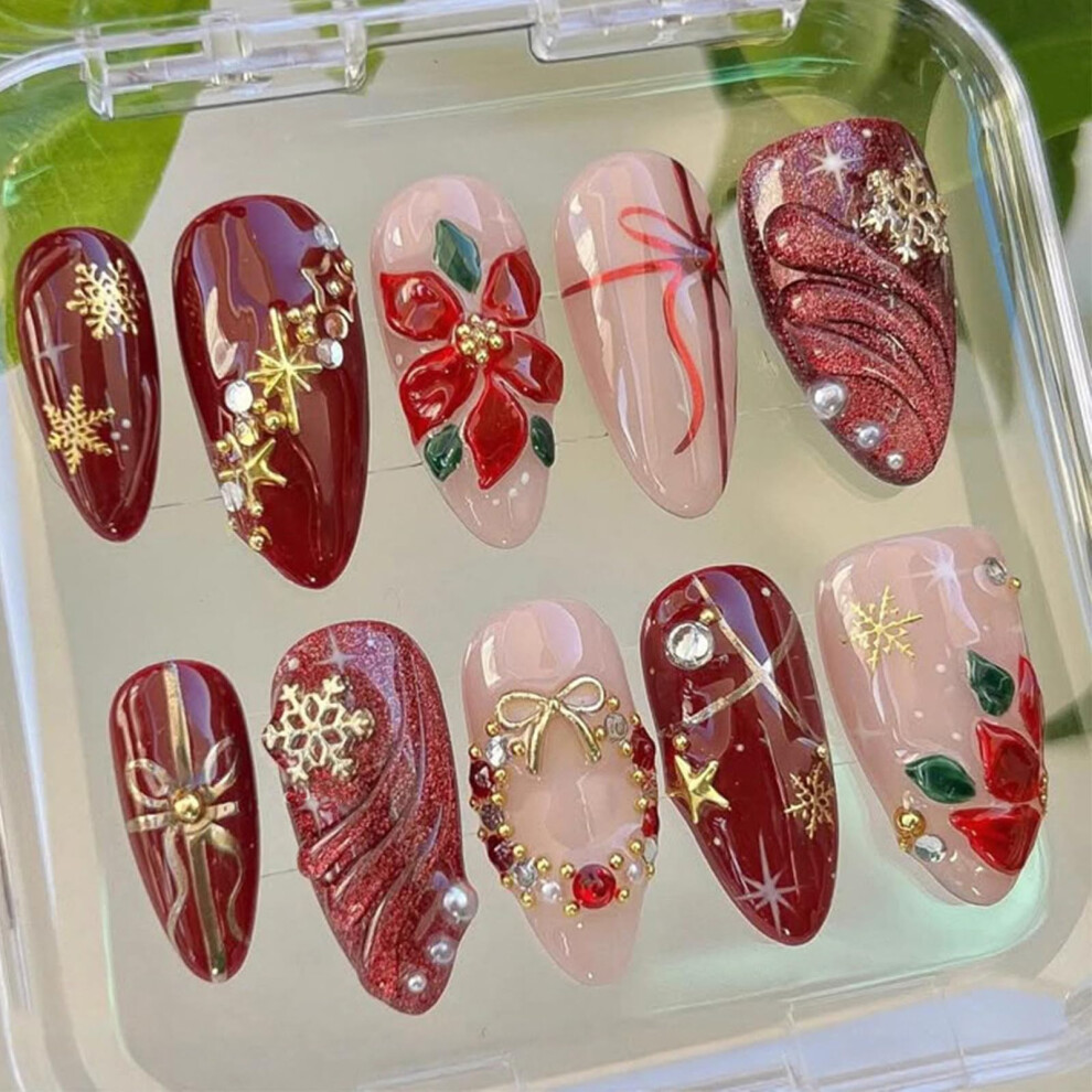 Red Christmas Press On Nails Medium Almond With 3D Snowflake Rhinestones Glossy Reusable Set 24Pcs
