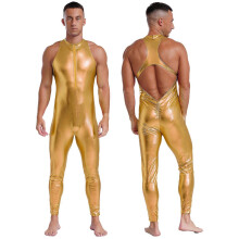 (XXL, Gold #1) Mens Bodysuit Fitness Rompers Full Length Jumpsuit Unitard Lingerie Halloween