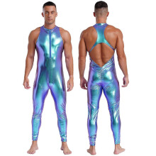 (XXL, Blue #1) Mens Bodysuit Fitness Rompers Full Length Jumpsuit Unitard Lingerie Halloween