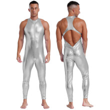 (L, Silver #1) Mens Bodysuit Fitness Rompers Full Length Jumpsuit Unitard Lingerie Halloween