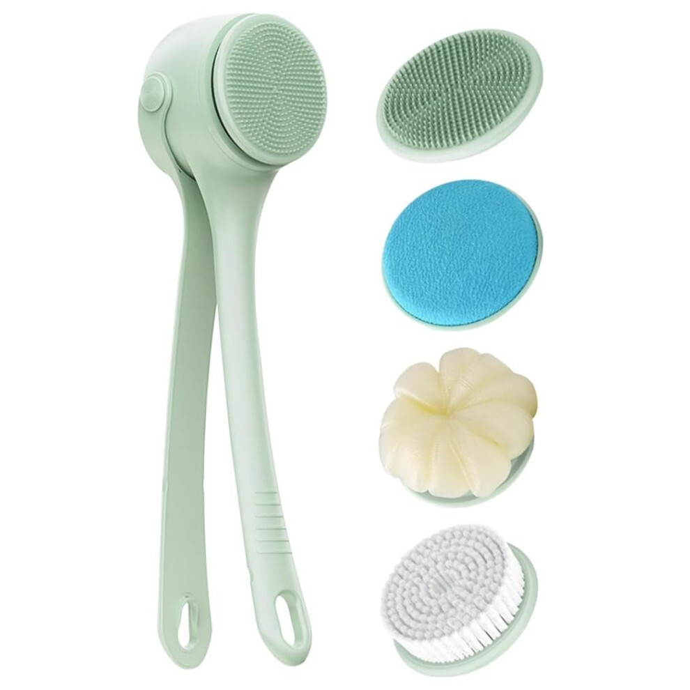 Electric Body Scrubber with Dual Long Handle, IPX7 Waterproof, 5 Heads, Rechargeable for Deep Cleansing and Exfoliation