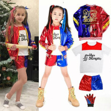 (Kids-110, Set of 3pcs (Embroidered Coat+T-shirt+Shorts)) Ladies Halloween Suicide Squad Harley Quinn Outfits Cosplay Costumes Fancy Dress