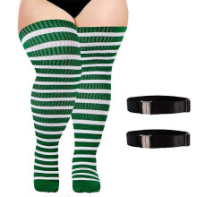 (Green and white, With elastic buckle) Striped Knitted Socks Women Large Size Halloween Thigh High Over Knee Stocking