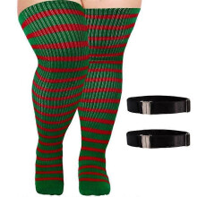 (green red, With elastic buckle) Striped Knitted Socks Women Large Size Halloween Thigh High Over Knee Stocking
