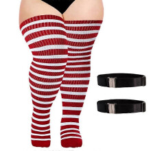 (red and white, Without elastic buck) Striped Knitted Socks Women Large Size Halloween Thigh High Over Knee Stocking